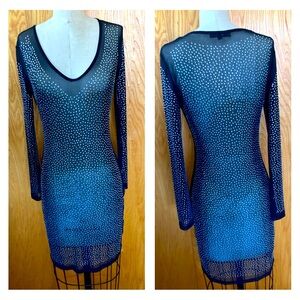 Deep v neck long sleeve sheer mesh rhinestone party club bodycon mini dress